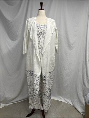 White Long Open Cardigan with Abstract Navy Scribble Duster Jacket